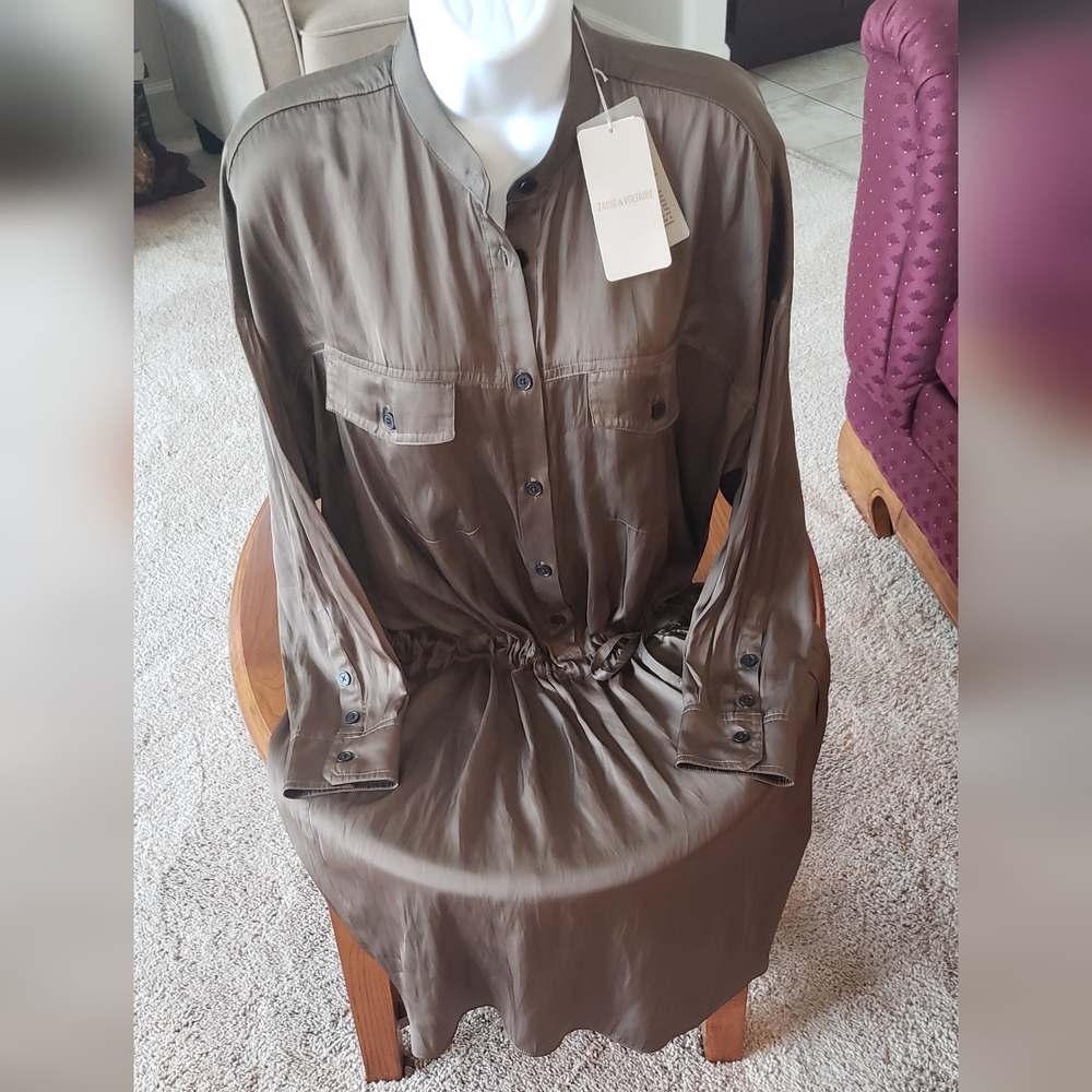 Zadig & Voltaire olive green button down dress, size S - NEW